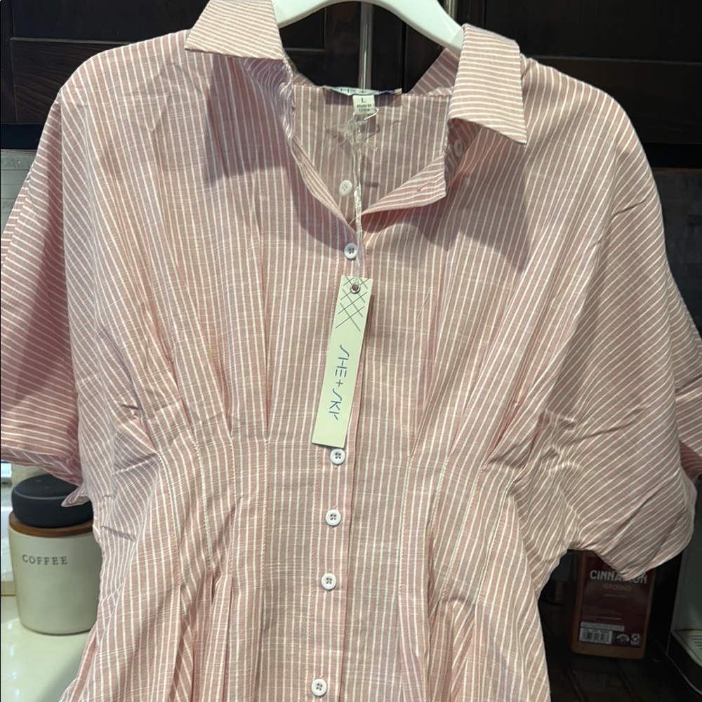 She + Sky Blush Striped Button-Up Blouse